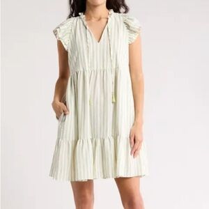 Eliza J Green White Stripe Stripe Flutter Cap Sleeve Babydoll Dress